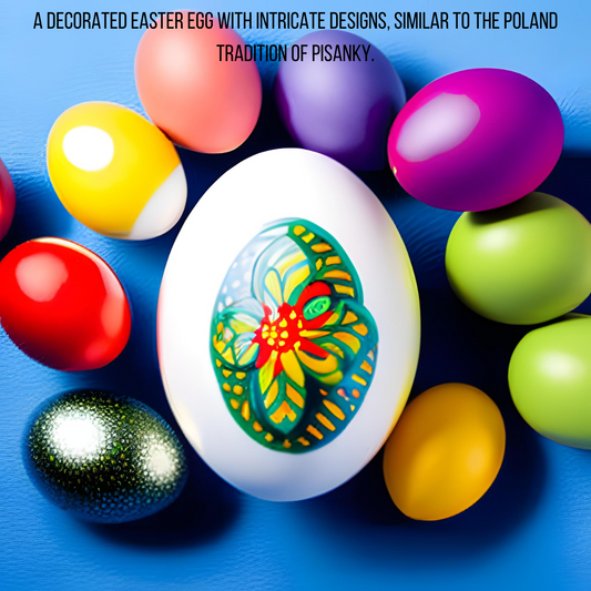 A decorated Easter egg with intricate designs, similar to the Ukrainian tradition of pysanky.