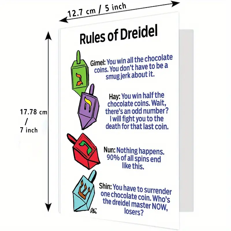 Hanukah Greeting Card & Envelope -Rules of Dreidel